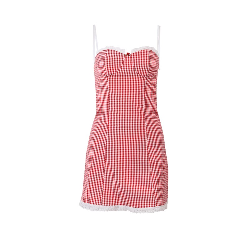 WhereMery Plaid Y2K Lace Vintage Spaghetti Strap Mini Dresses Backless Aesthetic