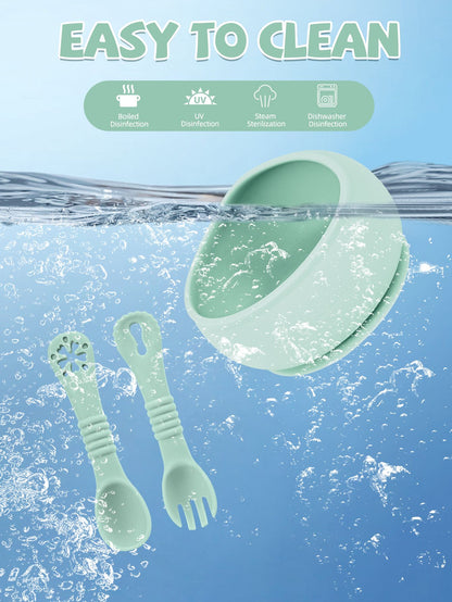 3Pcs Silicone Baby Feeding Bowl Set Learning Dishes Suction Bowl Feeding Spoon For Baby Toddler Training Bendable Chew Utensils
