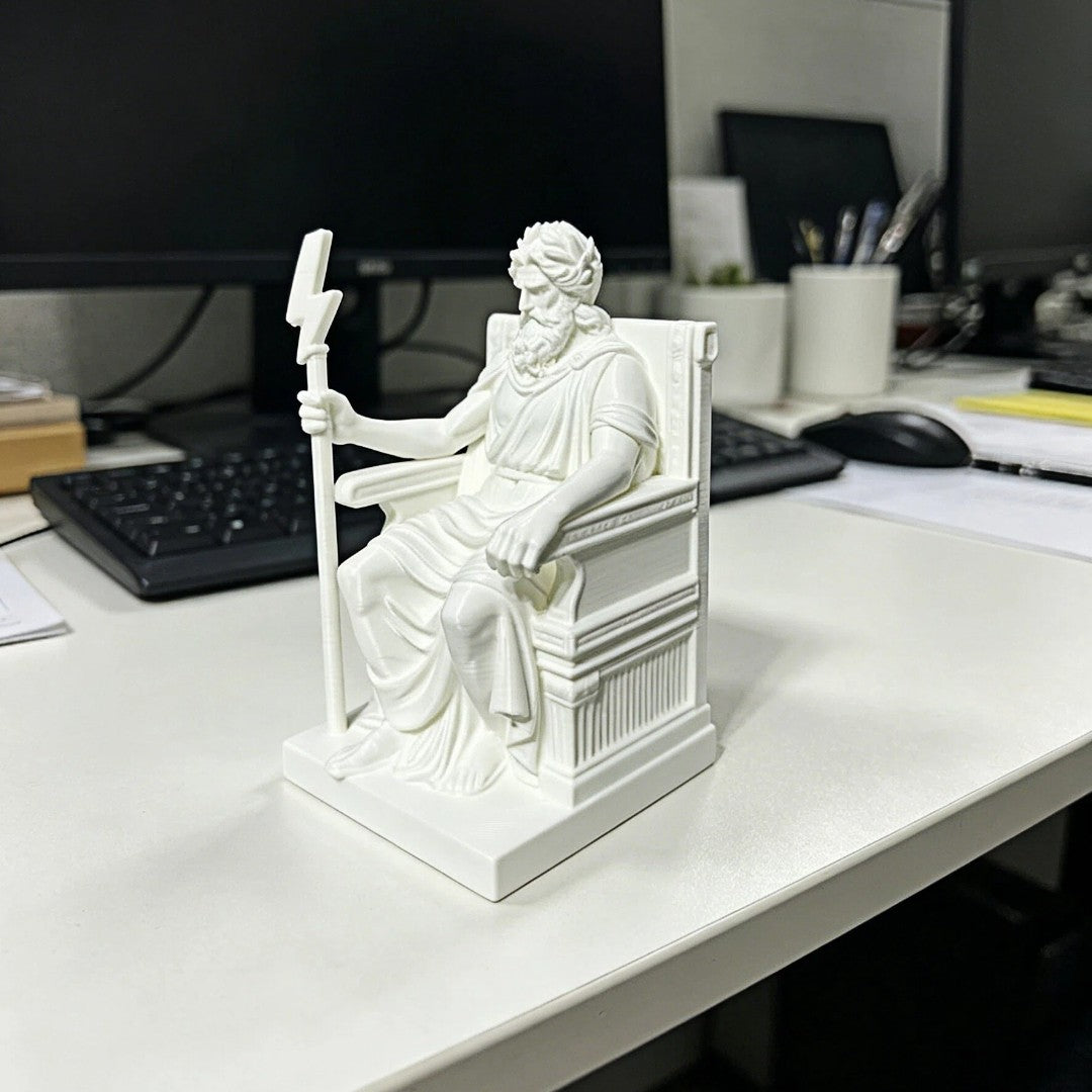 Greek God Zeus Statue on Throne, White 3D Print Sculpture, Ancient Greek Mythology Desktop Decor for Office Desk, Business Gift