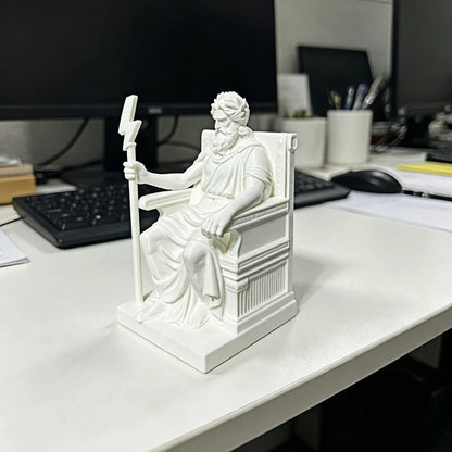 Greek God Zeus Statue on Throne, White 3D Print Sculpture, Ancient Greek Mythology Desktop Decor for Office Desk, Business Gift