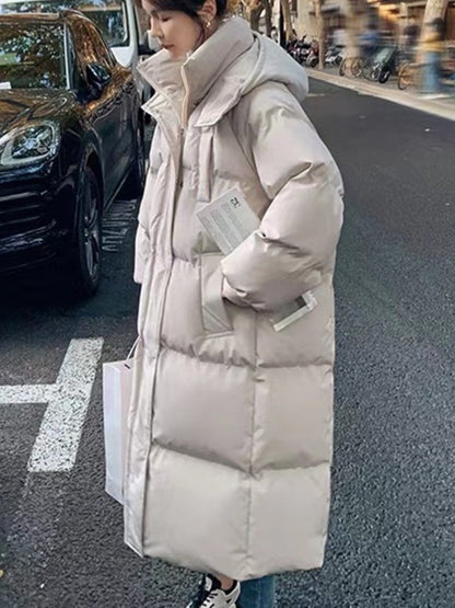 Long Thickened Down Cotton Bread Style Coat Women's Winter 2025 Outerwear Korean Loose Long Knee Length Solid Hooded Jacket