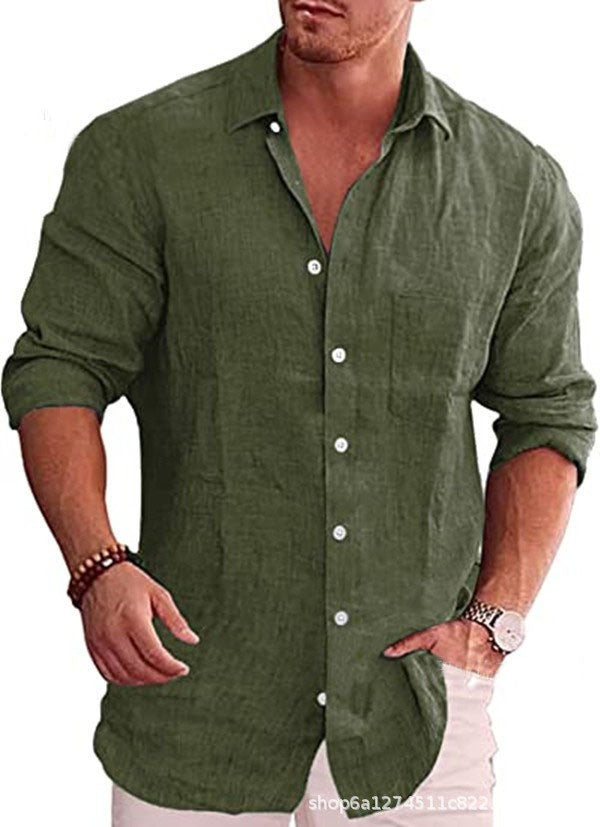 Men's Loose Large Size Solid Color Shirt Linen Collar Long Sleeve Casual Shirt