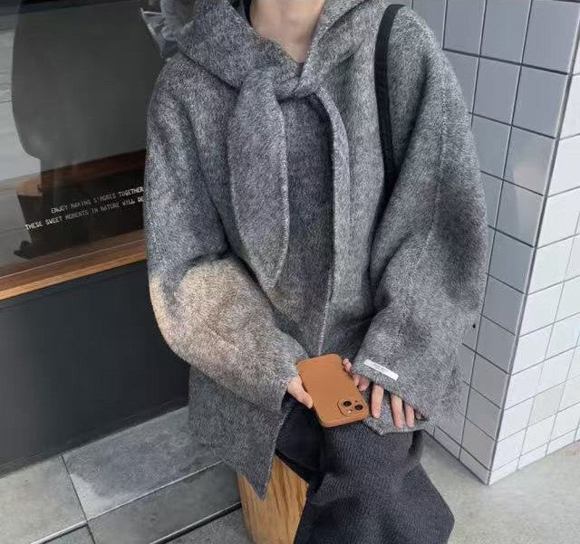 Korean Sle Woolen Coat Women's Chic Temperament Sweet Bow Tie Collar Hooded Warm Woolen Coat Long Sve Mid-Length