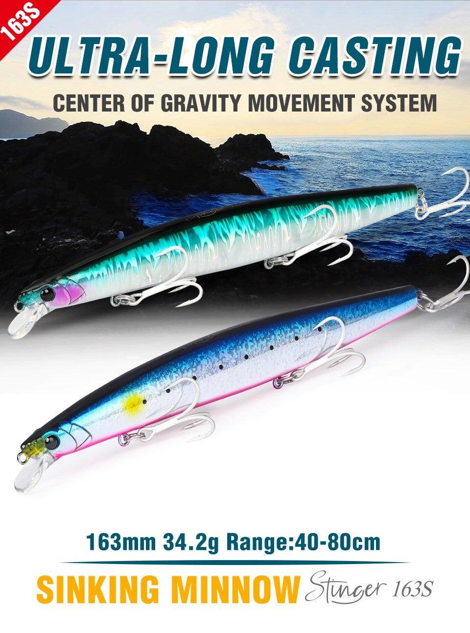 TSURIKNOYA STINGER 163S Isca Artificial Minnow de Fundo para Água Salgada com Lançamento Ultra Longo 163mm 34.2g Iscas Rígidas para Robalo