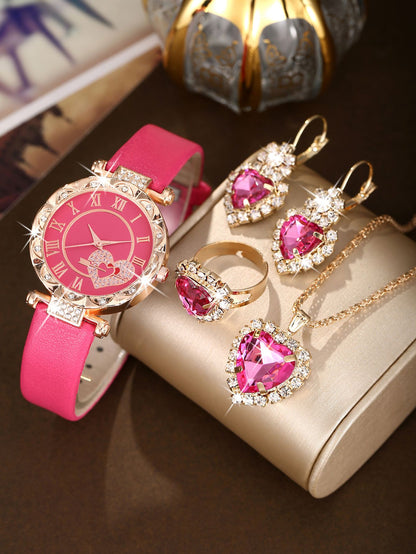 5PCS Wo5PCS Women's Love Set Diamond Dial Fashion men's Love Set Diamond Dial Fashion Versatile Alloy Case Pointer Leather Watch