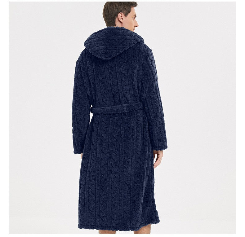 New American Cotton Velvet Jacquard Hooded Men's Dressing Gown with Fleece Thickened Autumn and Winter Couple Dressing Gown