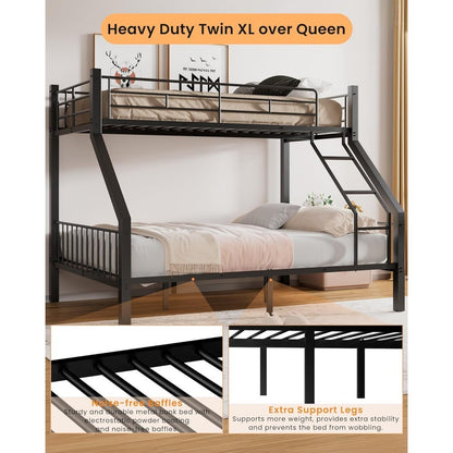 Twin XL Over Queen Bunk Bed, Heavy Duty Bunk Bed with Safety Ladder and Full-Length Guardrails, Metal Queen Bed Frame