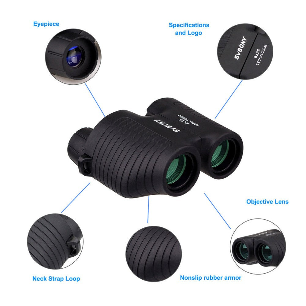 SVBONY 8x25 SV10 Binóculos Compactos Foco Fixo Mini Telescópio Portátil Prisma Porro Multirrevestido para Jogos Esportivos ao Ar Livre F9323