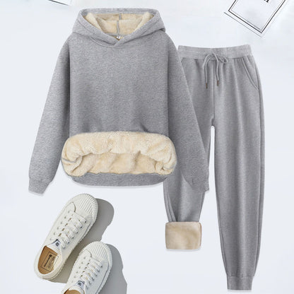 Winter Men Solid Thickened Lamb Velvet Hoodies Set Warm Fleece Sweatshirt Sweatpants 2pcs Thickened Casual Tracksuit