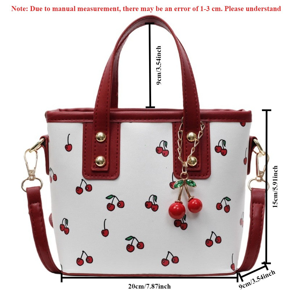 Women PU Cherry Shoulder Bag Large Capacity Trendy Commuting Bag with Cherry Pendant Stylish Crossbody Bag Aesthetic Handbag