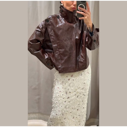 Street Stand Collar Women's Leather Jacket Loose Long Sleeve Zipper Pockets Chic Female Coats 2025 Autumn Winter Lady Outerwear