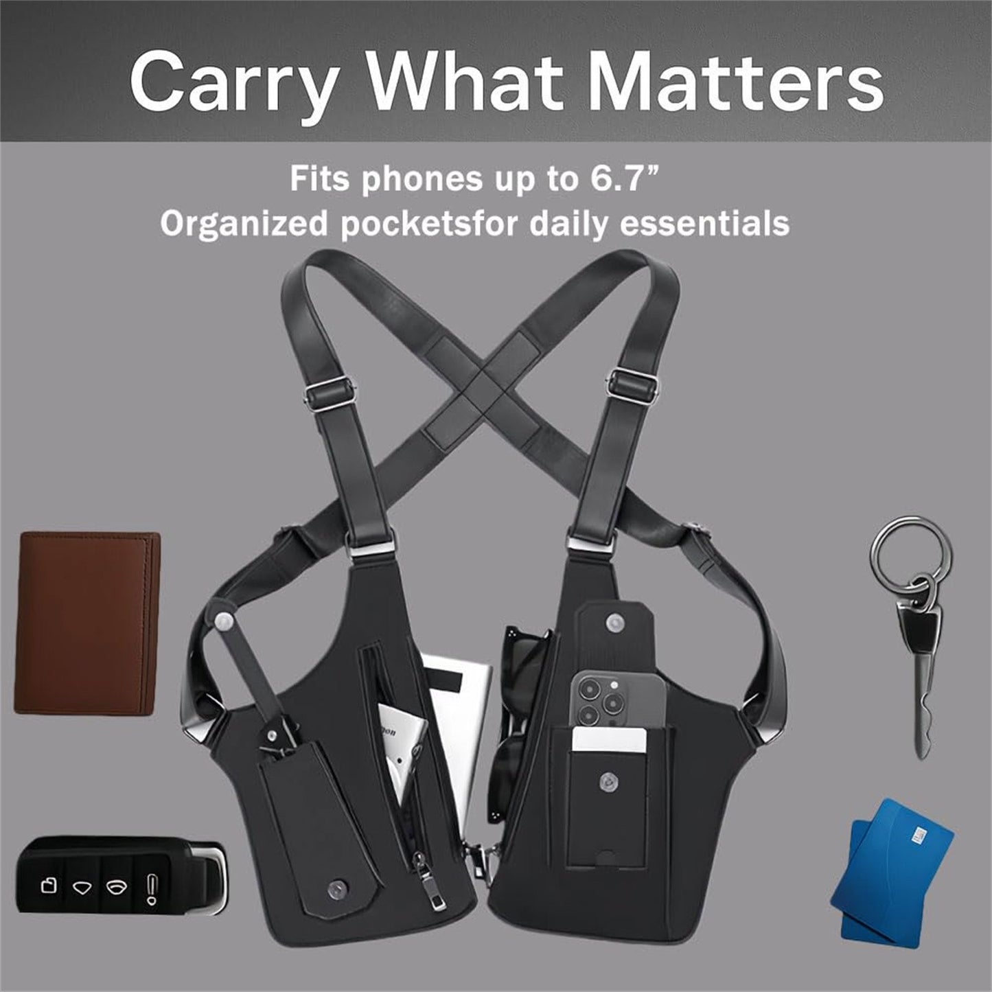 Retro Double Shoulder Strap Multi-pocket Outdoor Anti-theft Tactical Bag Men Crossbody Bags PU Waterproof Phone Bag Chest Bag