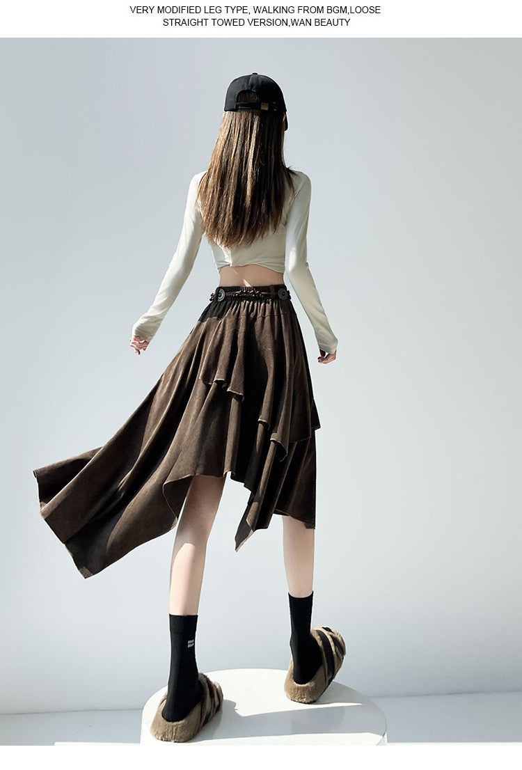 Caramel Suede Half-length Skirt Women's Autumn Winter New Irregular Belt Slim A- Line Midi Umbrella Skirt Comfortable Casual S .