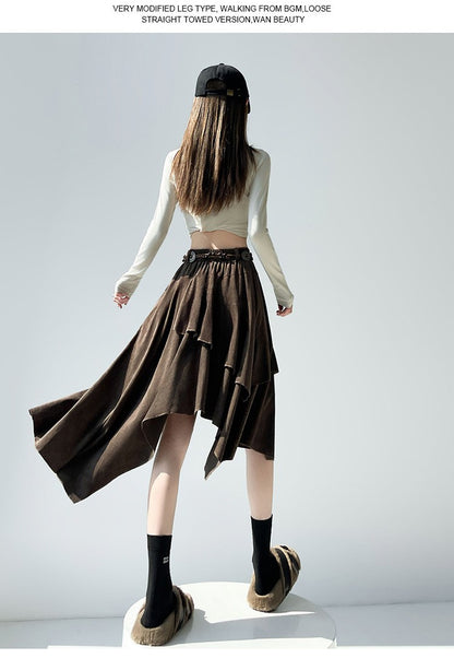 Caramel Suede Half-length Skirt Women's Autumn Winter New Irregular Belt Slim A- Line Midi Umbrella Skirt Comfortable Casual S .