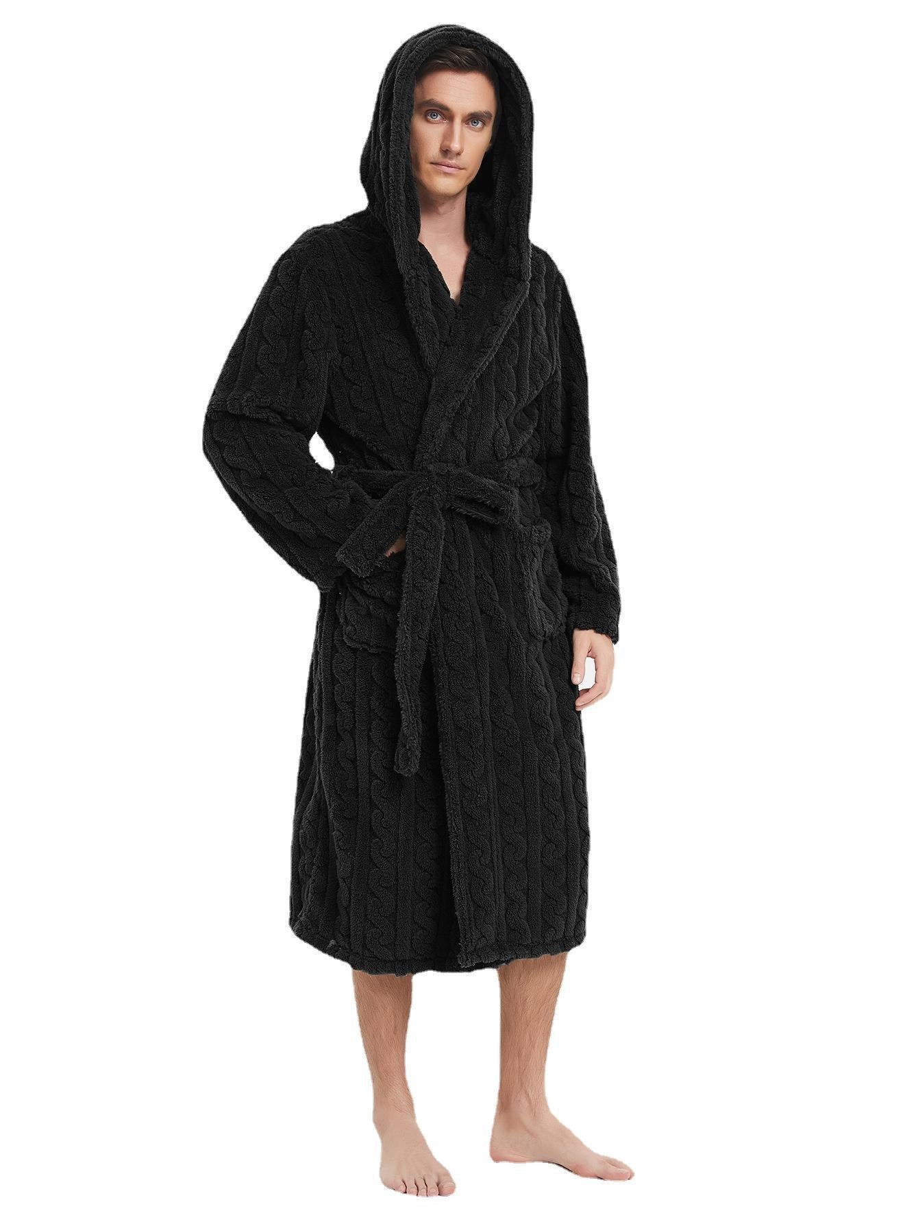 New American Cotton Velvet Jacquard Hooded Men's Dressing Gown with Fleece Thickened Autumn and Winter Couple Dressing Gown