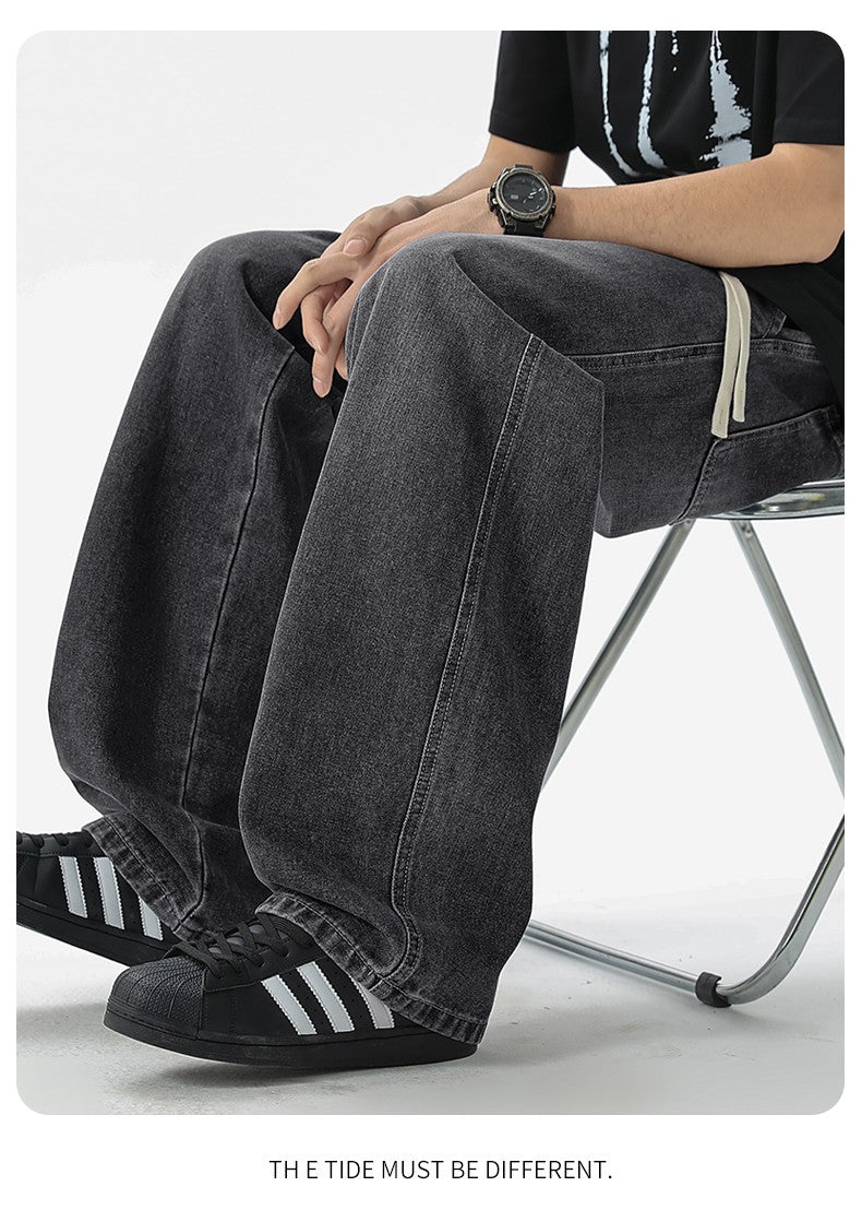Calça Jeans Masculina Americana Solta Perna Larga Reta Casual Street Hip-hop Folgada Jeans Preto Cinza Azul Streetwear Masculino