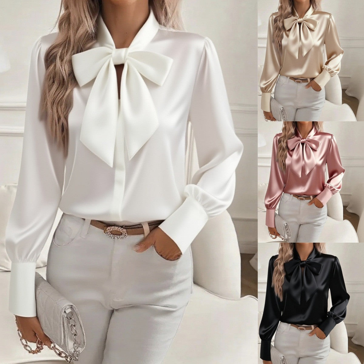 Autumn New Solid Color Sexy Hollow Bow Satin Shirt Women's Casual Comfortable Long Sleeved Top Blusas Elegante Feminina