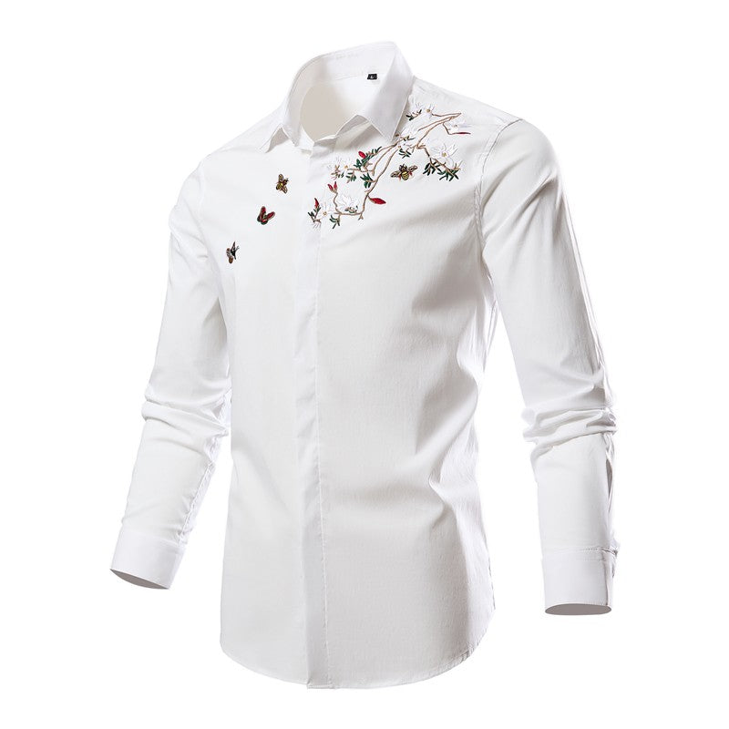 Black Mens Embroidered Long Sleeve Shirt, Black Single Breasted Lapel Casual Shirts, Asian Size M-6XL