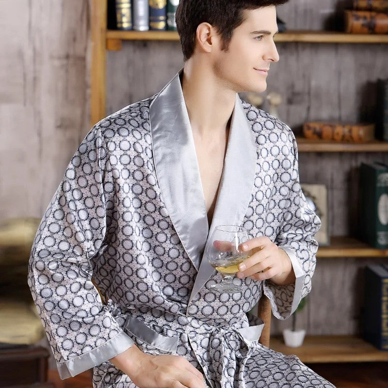 Men Bath Robe Satin Print Gold Kimono Bathrobe Silk Long Dressing Gown Plus Size Sleepwear Geometric Lounge Nightgown XL 4XL 5XL