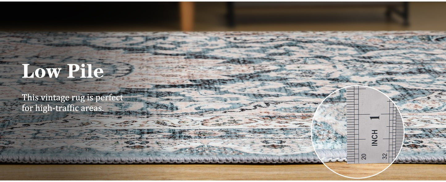 Area Rugs for Living Room, Machine Washable Vintage Rug, Non-Slip Low Pile Throw Rugs with Rubber Backing Washable Carpet