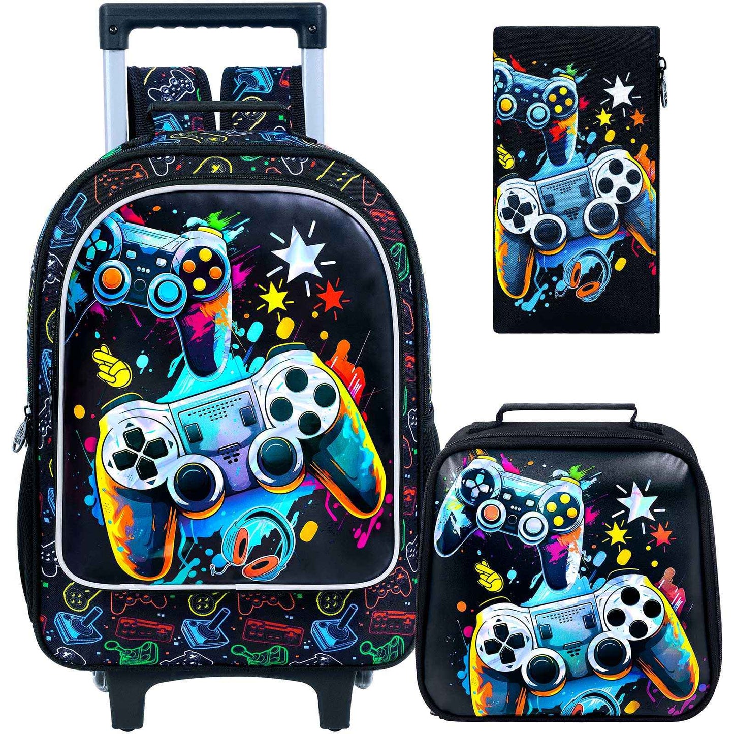 Mochila de Rodinhas para Meninos, 3 PEÇAS Bolsa Escolar com Rodas para Crianças com Lancheira - Game Console
