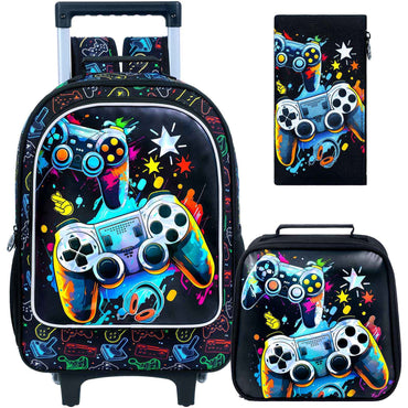 Mochila de Rodinhas para Meninos, 3 PEÇAS Bolsa Escolar com Rodas para Crianças com Lancheira - Game Console