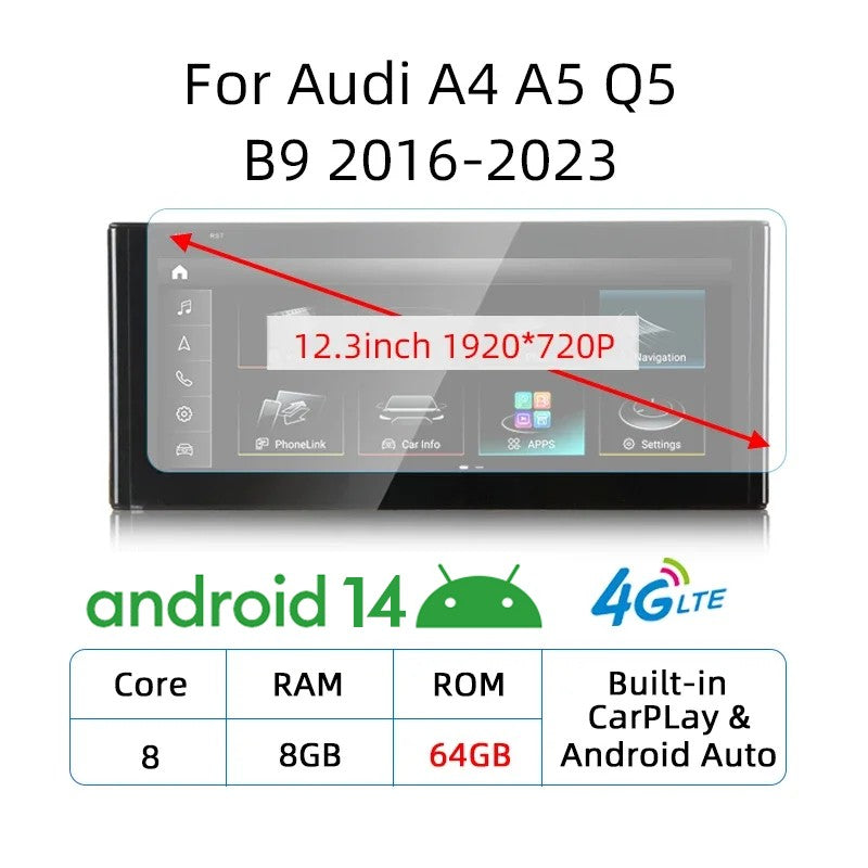 Tela sensível ao toque Android 14 Carplay de 12,3 polegadas para Audi A4 A5 Q5 B9 2016-2023, rádio estéreo de carro, reprodutor multimídia, Wi-Fi, 4G, navegação GPS
