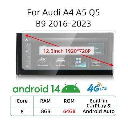 Tela sensível ao toque Android 14 Carplay de 12,3 polegadas para Audi A4 A5 Q5 B9 2016-2023, rádio estéreo de carro, reprodutor multimídia, Wi-Fi, 4G, navegação GPS