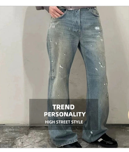 MIJKO Tie Dye Splatter Paint Denim Jeans Men's Loose Wide Leg Jeans American TJ131