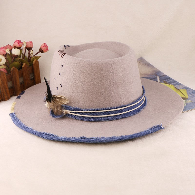 Western Style 100% Wool Fedora Hat | Braided Ribbon & Feather Trim Felted Jazz Cap for Autumn/Winter?