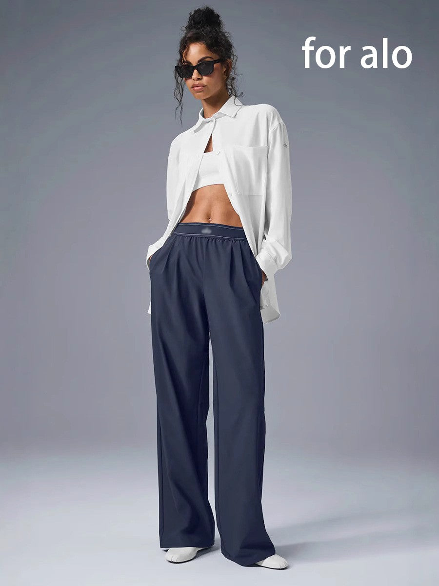 for aIo New Women's Sports Yoga Pants Wide Leg Quick Dry Elastic Waist Straight Trousers Fitness Casual Solid Black Summer Wear
