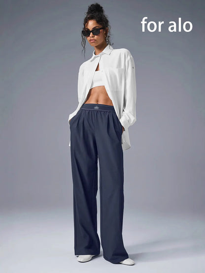 for aIo New Women's Sports Yoga Pants Wide Leg Quick Dry Elastic Waist Straight Trousers Fitness Casual Solid Black Summer Wear