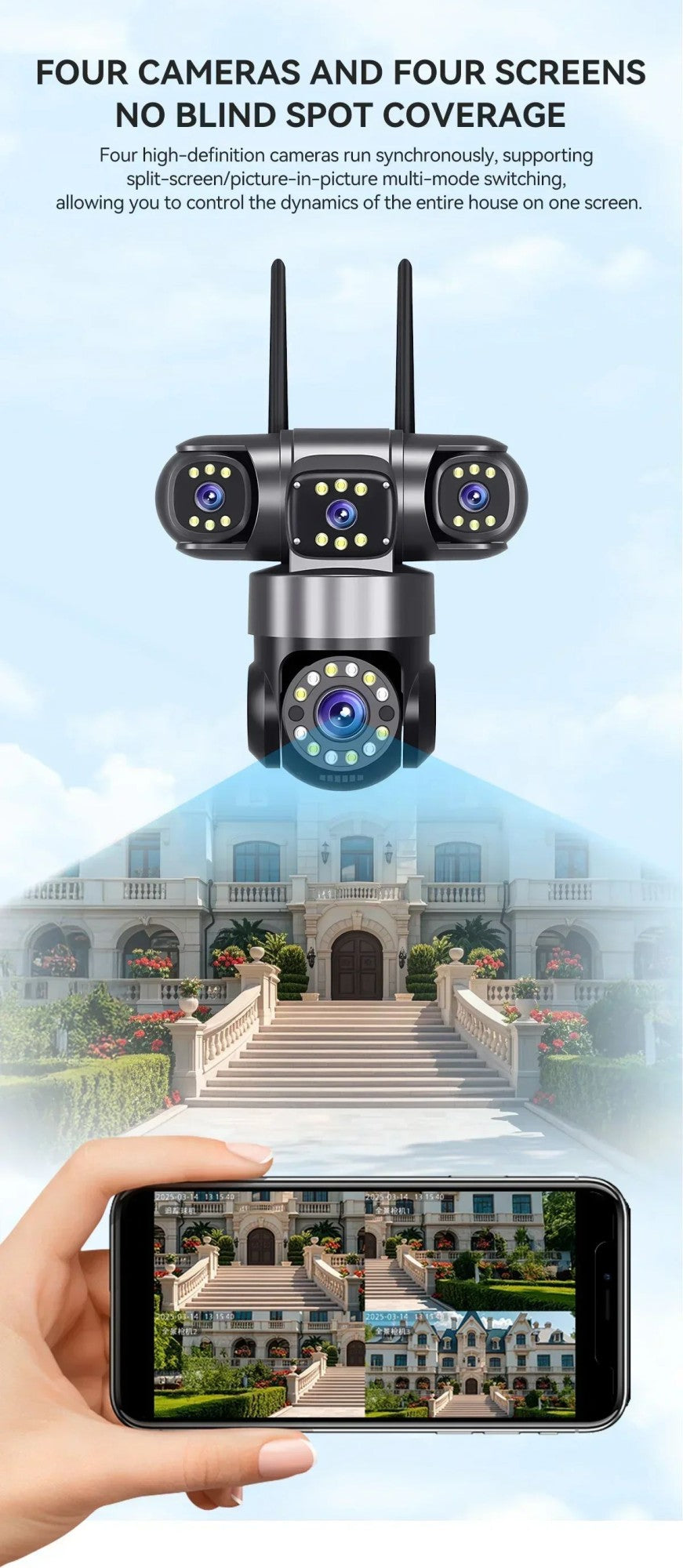 10K 20MP  WIFI IP Camera Outdoor 4 Lens 4 Screens 16X Zoom CCTV Wireless Video Surveillance Cameras 6K 12MP Security Protection