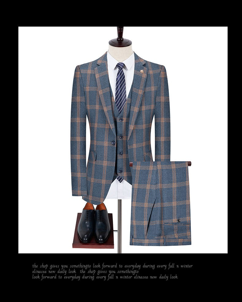 Men's Spring Autumn Wedding Suit 2024 Three-Piece Set Slim Fit Checkered British Style with Waistcoat And Trousers
