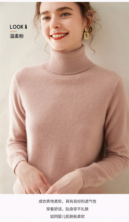 Suéter de Cashmere Feminino Gola Alta Manga Comprida Pulôver de Malha 100% Cashmere Puro Suéter Básico Versão Coreana Top Feminino