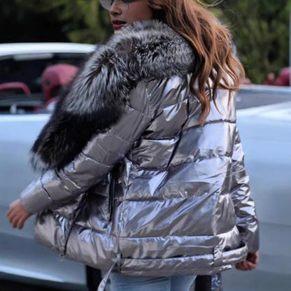 Ladies Winter Warm Shiny Short Coat Thick Fake Fur Collar Long Sleeve Jacket