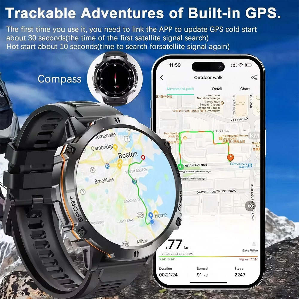 2026 Novo Smartwatch Esportivo Militar com GPS Atualizado Bateria de 1000mAh Tela AMOLED de 1,7 polegadas Bússola Altímetro Chamada Relógio Esportivo Impermeável 10ATM