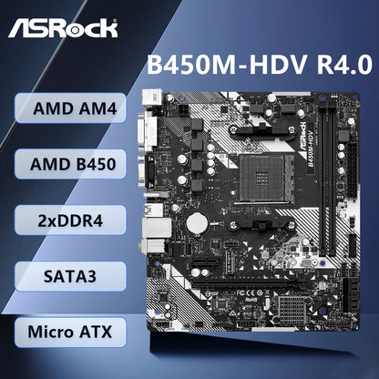 Placa-mãe ASROCK B450M-HDV R4.0 AMD B450 AM4 Suporta Ryzen 5 5600 5500 Ryzen 7 5700G 3700X 3 3200G CPU DDR4 M.2 HDMI Micro ATX