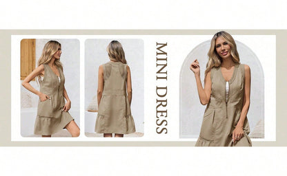 Fisoew Women's Sleeveless Mini Dress Half Zip V Neck Casual Mesh Back Summer Dress with Pockets sexy dress