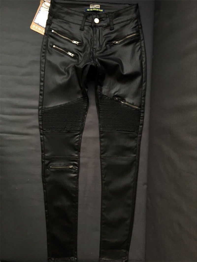 Faux Leather Coated Moto Pants for Women Sexy Tight Stretchy Rider Leggings Black Rock Steampunk Party Costume