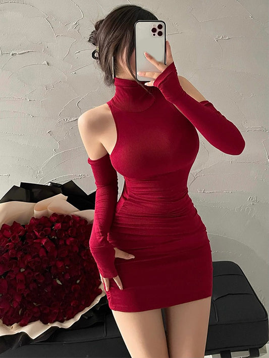 2025 New Women's Mini Dress Sleeveless Pleated Skinny Dress High Neck Lace Up Au