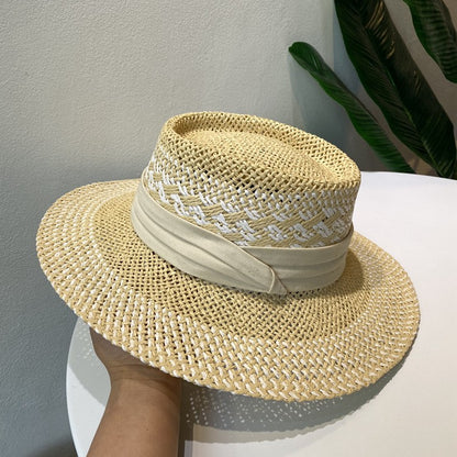 Chapéu de Palha Feminino de Verão Chapéu de Sol Luxuoso Feminino Chapéu de Praia de Proteção Solar da Moda Chapéu Panamá Francês Chapéu Raff de Aba Larga com Topo Abaulado