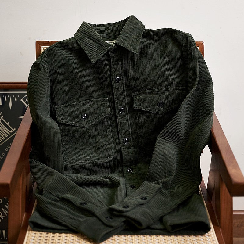 Autumn and Winter New American Retro Thick Corduroy Solid Color Cargo Shirt Men's Pure Cotton Long-sleeved Pocket Casual Blouses
