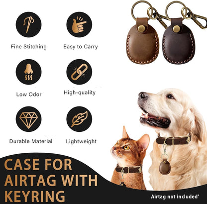 2/1 Pack Genuine Leather AirTag Keychain Holder . Secure Key Chain Case for Pet Collar Luggage Bag Full Cover Protective Keyring