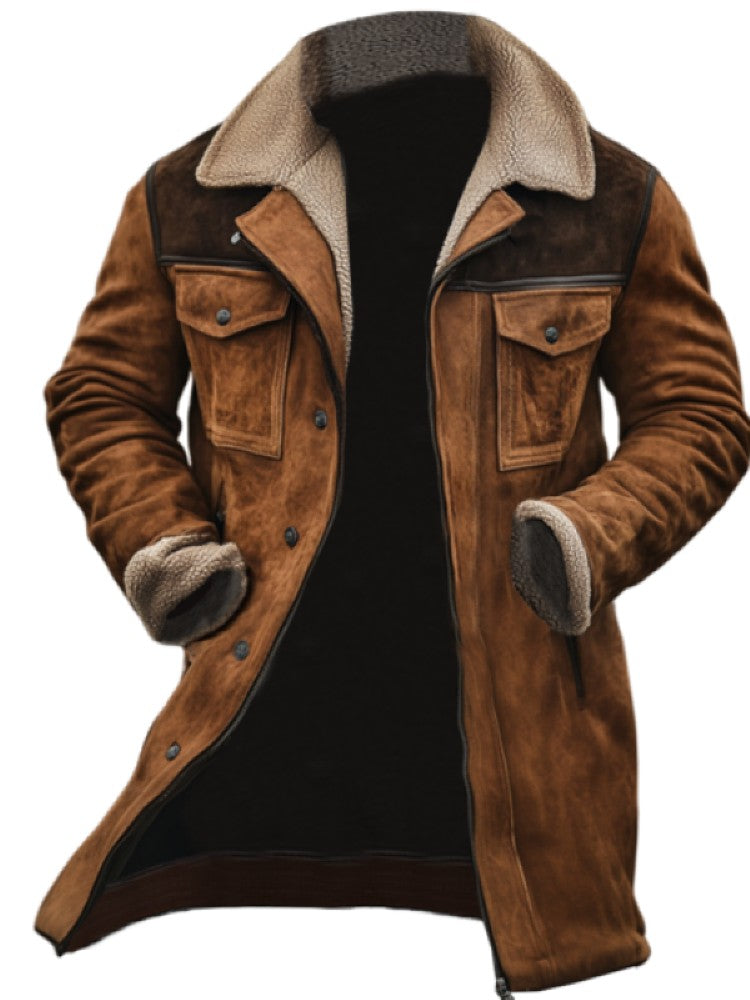 Men's Vintage Suede Patchwork Lamb Fleece Multi-Pocket Reverse Collar Outdoor Jacket Coat