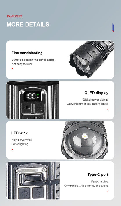 1000000LM Most Powerful LED Flashlight Rechargeable Type-c Flashlight Long Range 6000M Tactical Torch Light For Fishing Hunting