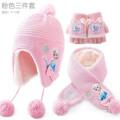Conjunto infantil de gorro de lã e cachecol com animação da Elsa de Frozen da Disney, desenho animado, inverno, forro de veludo, espesso para manter aquecido