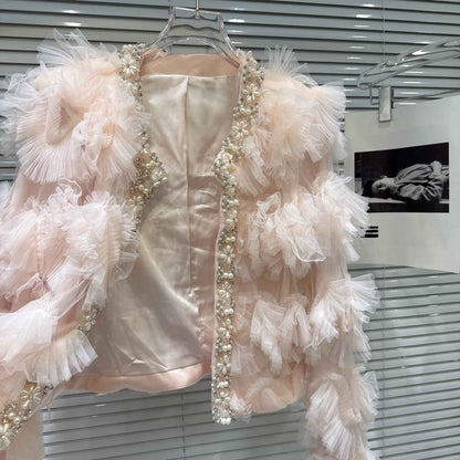 2025 Autumn New French Pearl Lace Layered Mesh Jacket Top