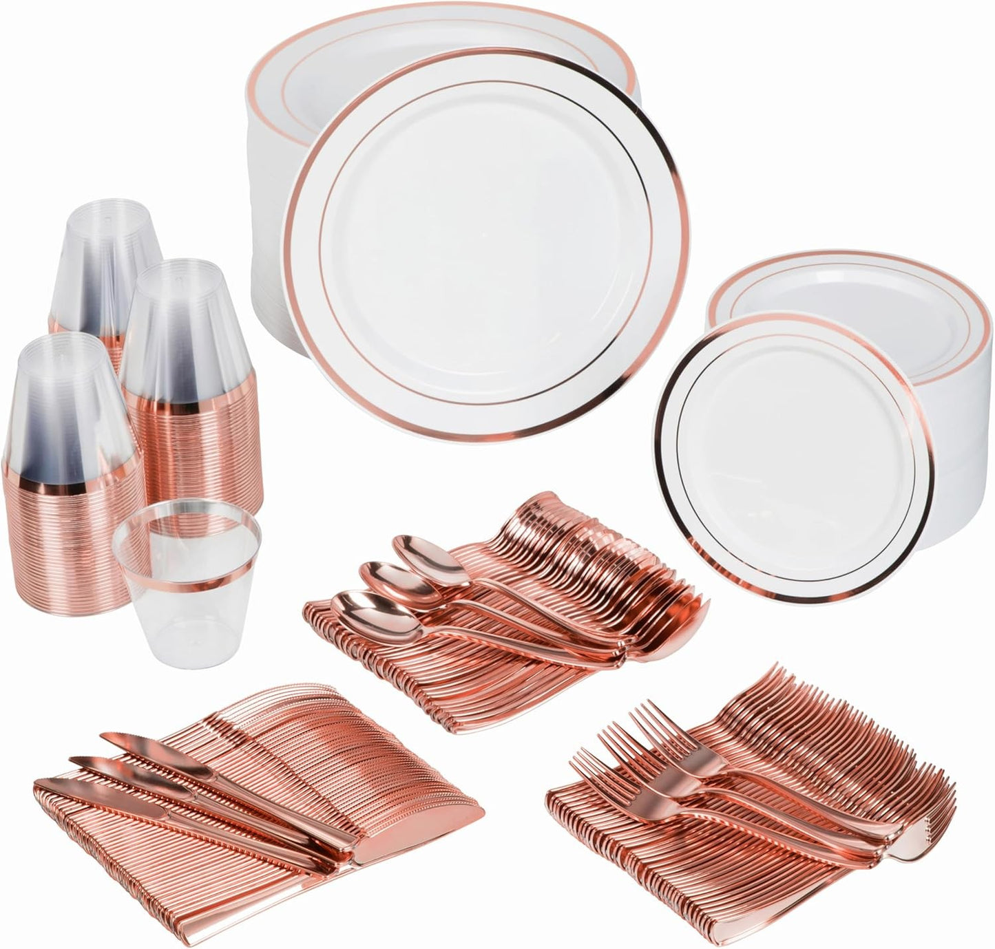 Conjunto de Louça Descartável para Festa Prestee com 600 Peças para 100 Convidados, Talheres Dourados Descartáveis com Pratos, Copos, Facas, Garfos e Colheres