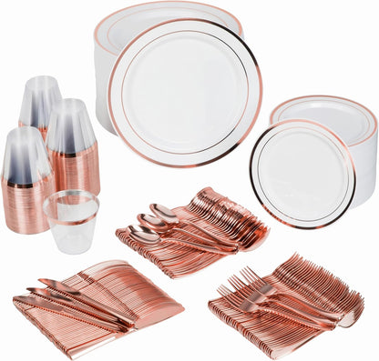 Conjunto de Louça Descartável para Festa Prestee com 600 Peças para 100 Convidados, Talheres Dourados Descartáveis com Pratos, Copos, Facas, Garfos e Colheres